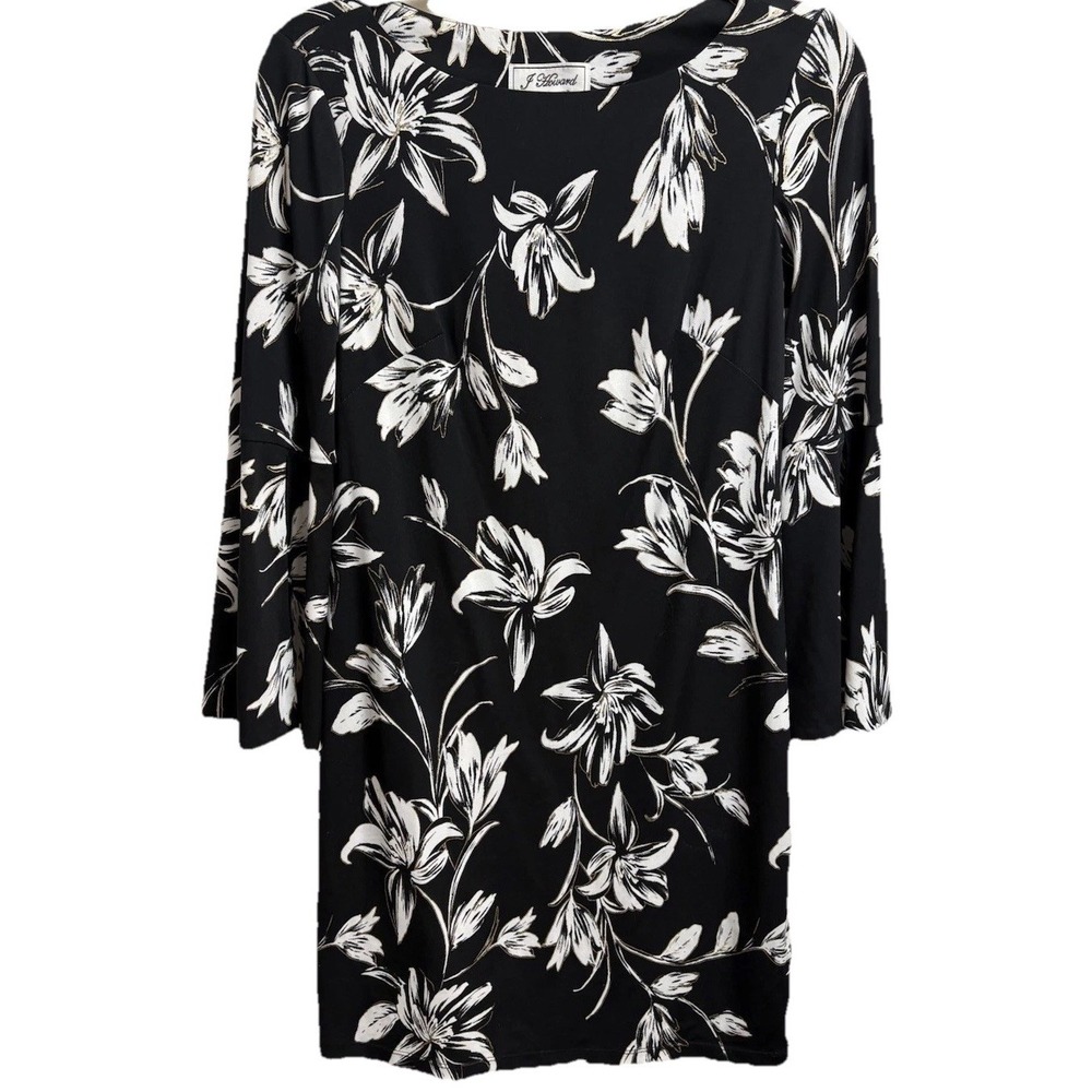 J Howard Womens 6 Black White Floral Shift Dress Bell Sleeve Classic Career